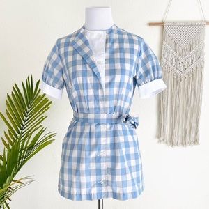 Vintage 70s Blue Plaid Puff Sleeve Top Size Small
